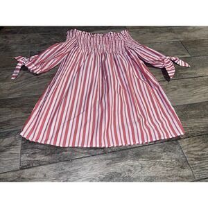 New Iris On Or Off Elastic Shoulder Top Size Medium Light Red White Stripe 3/4"